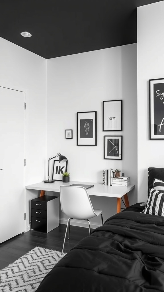 A stylish black and white bedroom featuring a functional workspace with a desk, chair, and wall art.