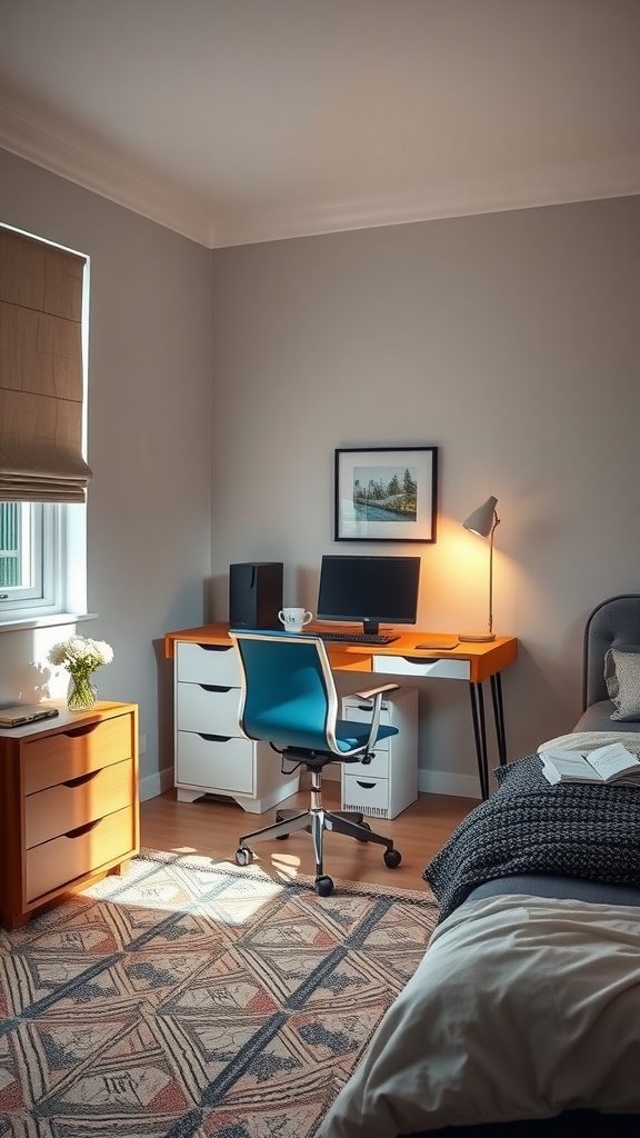 A cozy bedroom workspace with a desk, computer, and comfortable chair, featuring natural light and decorative elements.