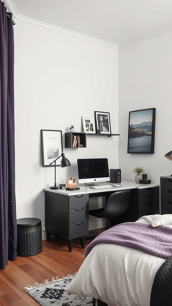 A stylish black and purple bedroom workspace featuring a desk, computer, and decorative elements.
