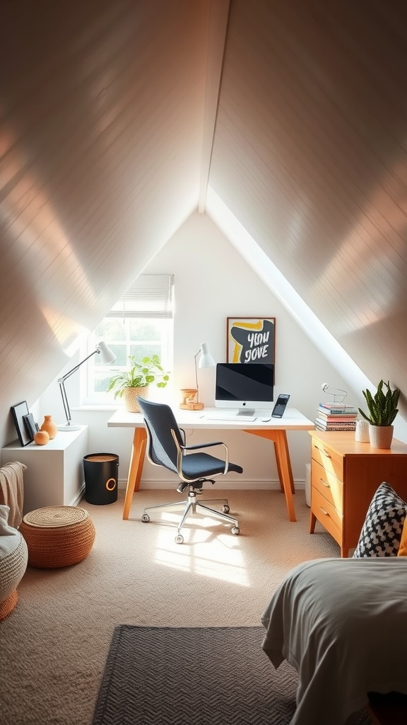 Cozy attic workspace with angled ceilings, featuring a desk, chair, and decorative elements.