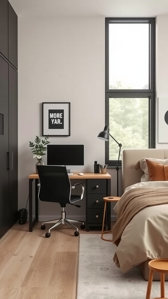 Stylish bedroom workspace with a desk and large window