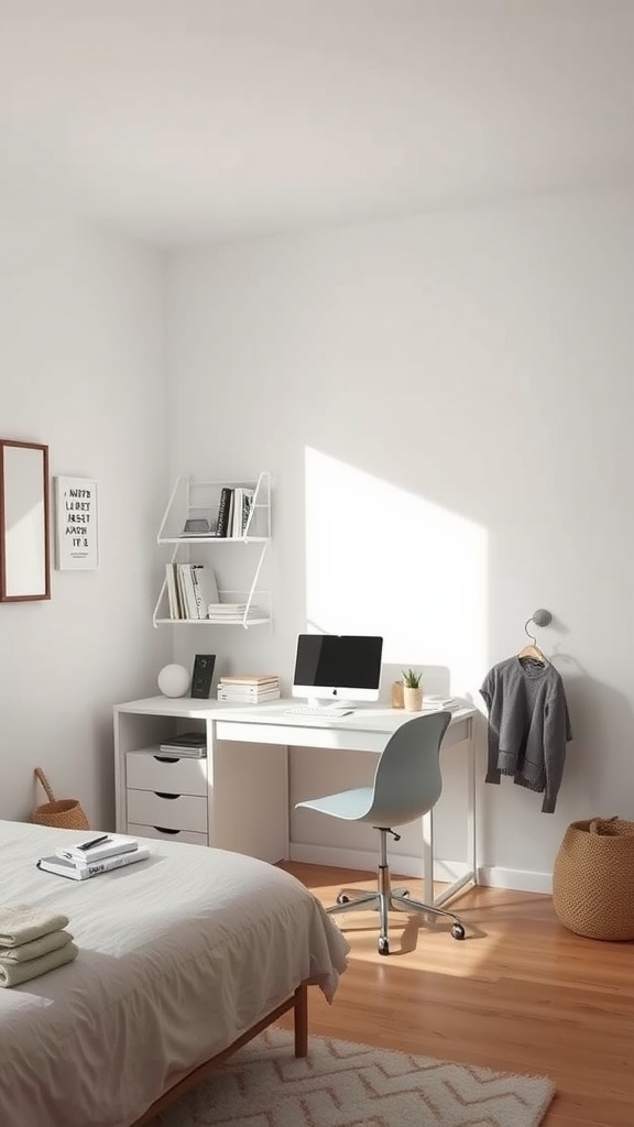 A minimalist bedroom with a functional workspace, featuring a desk, computer, and organized shelves.