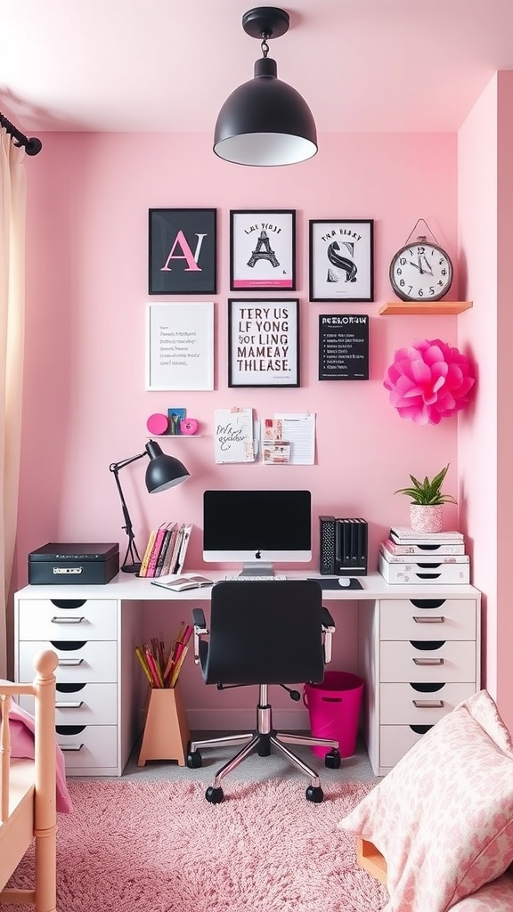 A stylish pink and black bedroom workspace featuring a desk, computer, and decorative wall art.