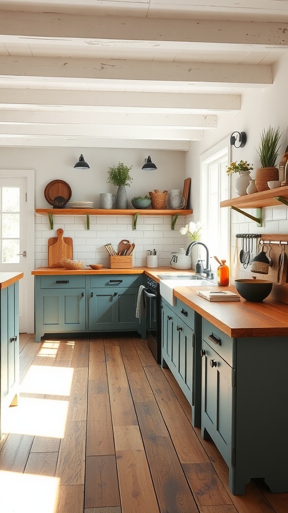Cozy farmhouse kitchen with blue cabinetry, wooden countertops, and natural light.