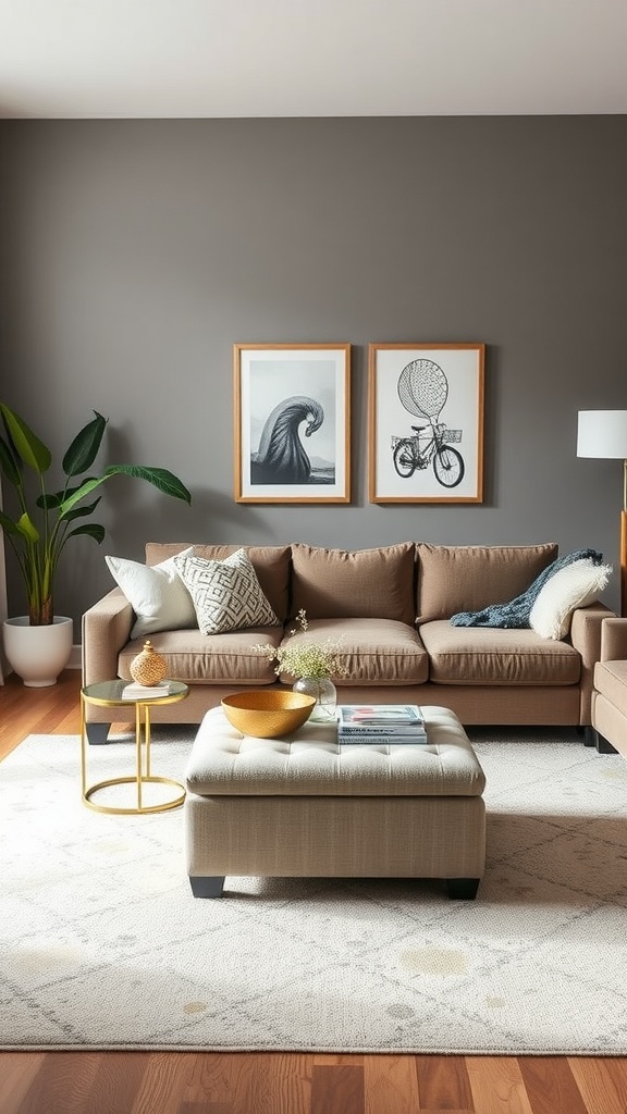 Cozy living room with stylish furniture, including a brown sofa, decorative coffee table, and wall art.