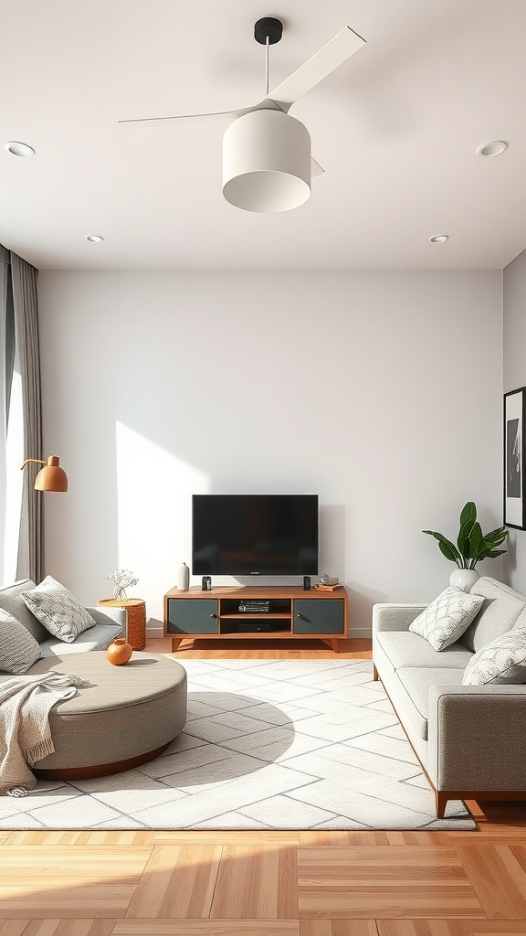 A stylish Korean living room featuring a circular sofa and modern TV unit.