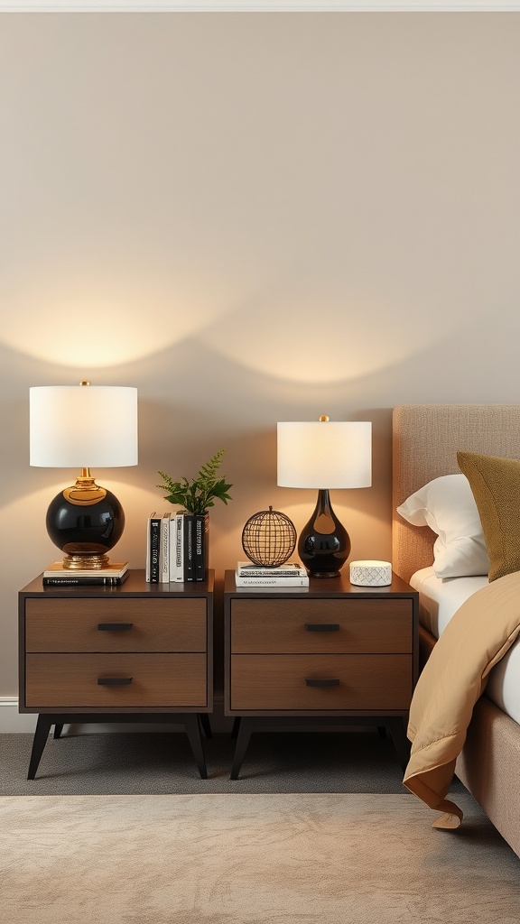 Stylish nightstands in a beige and black bedroom with lamps and decorative items.