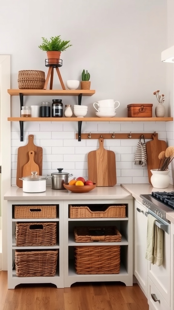 A cozy apartment kitchen with open shelving, woven baskets, and wooden accents.