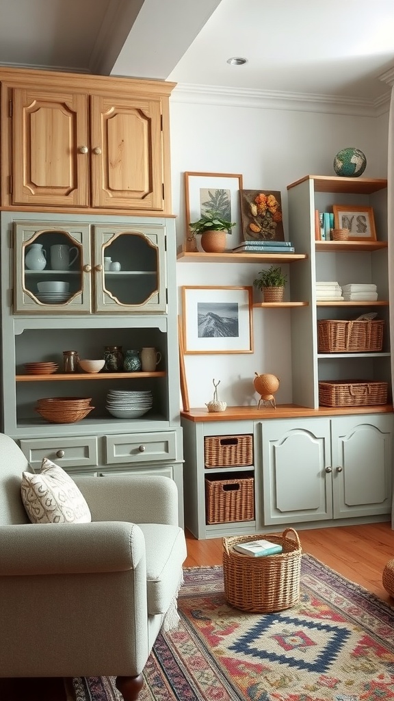 A cozy 90s living room with wooden storage cabinets and shelves, featuring decorative items and plants.