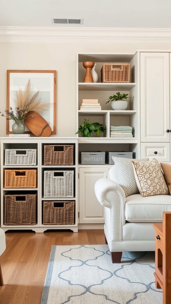 A cozy living room with stylish storage solutions, featuring open shelves with plants and decorative items, and wicker baskets for storage beneath.