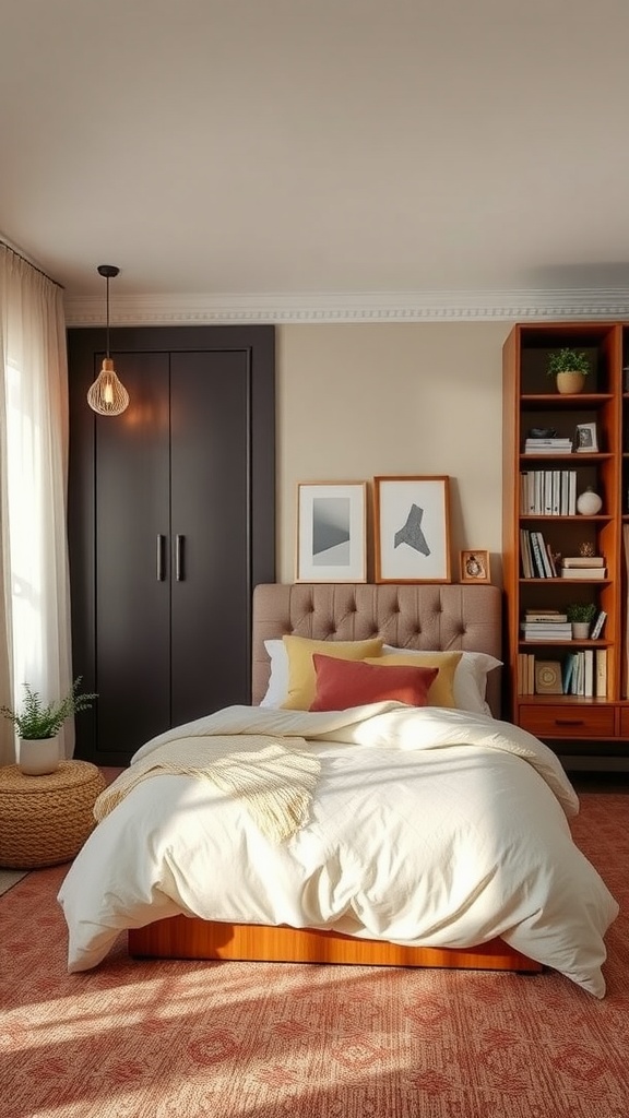 Cozy bedroom with stylish storage solutions including a wardrobe and bookshelf