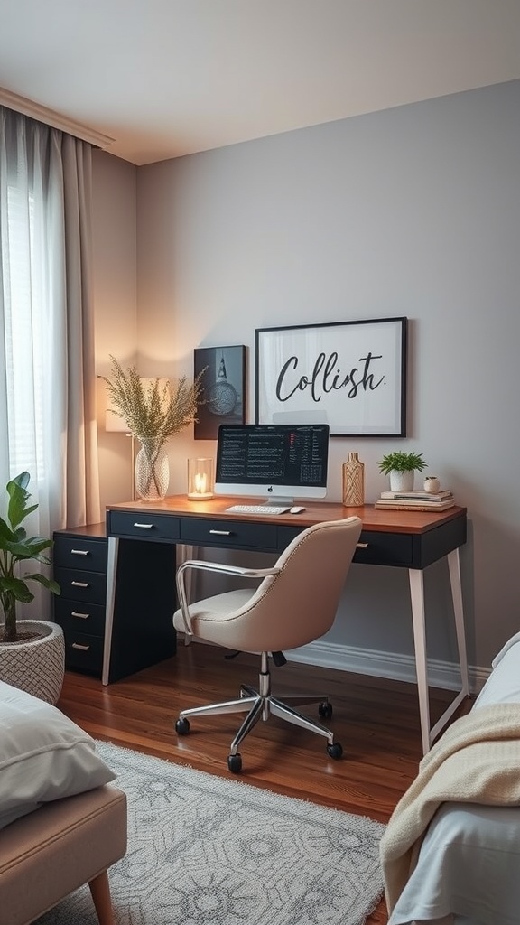 Stylish bedroom workspace with a desk, chair, and decorative elements.
