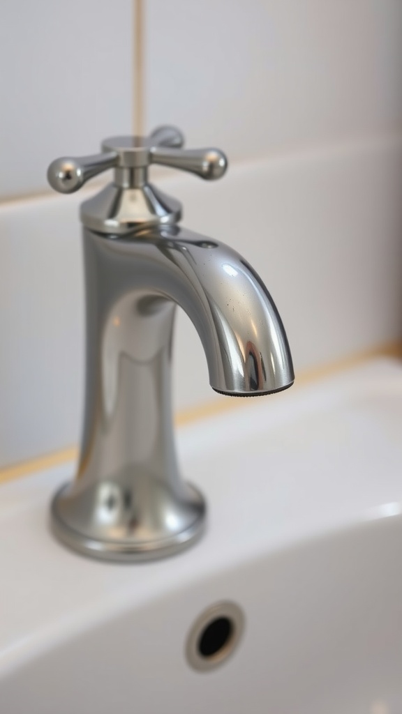 A shiny chrome faucet with a classic design in a modern bathroom setting.