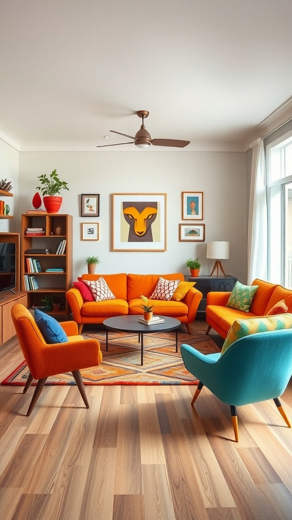 A vibrant mid-century modern living room with orange sofas, a turquoise chair, and colorful artwork.
