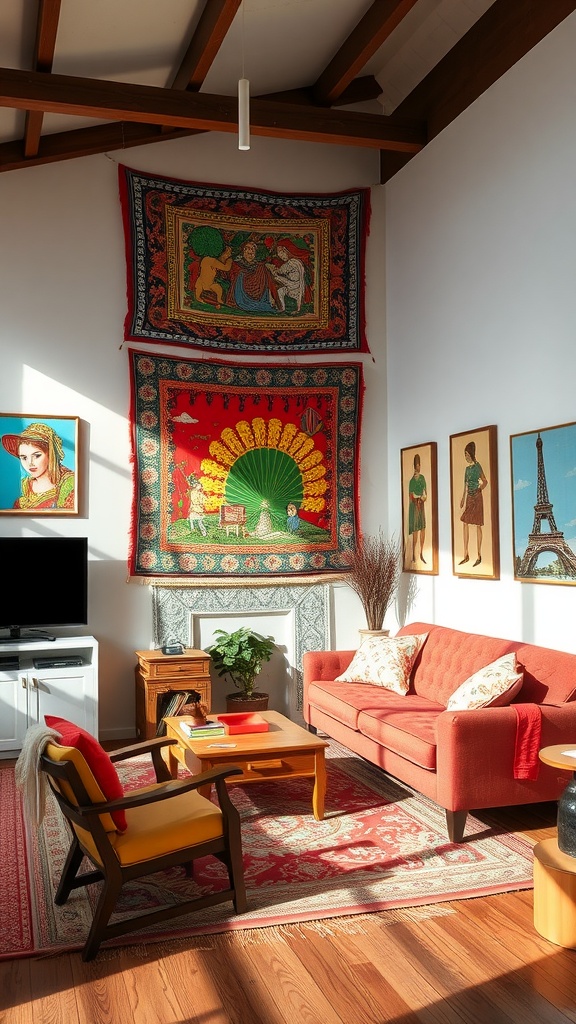 A 70s living room featuring colorful tapestries and framed art on the walls.