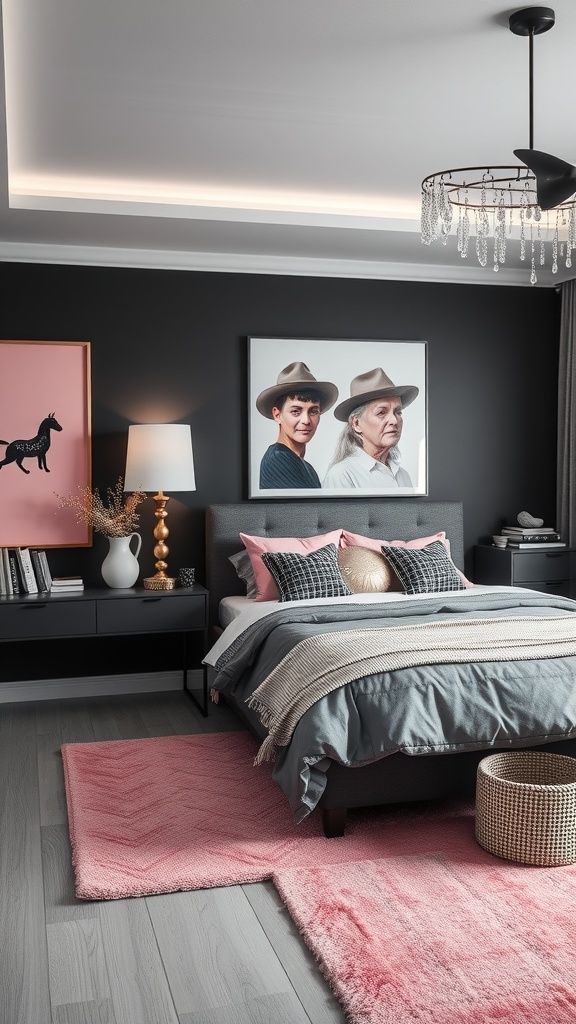 A stylish black, pink, and grey bedroom featuring a bed with grey and pink accents, nightstands, a pink rug, and artwork on the walls.
