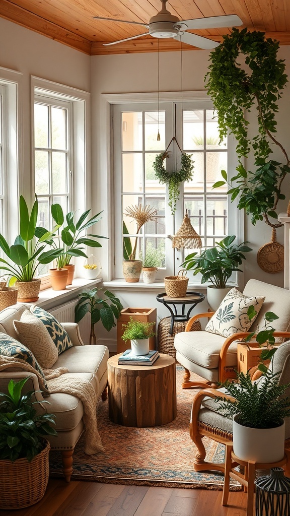 A cozy all season room with comfortable furniture, lush plants, and natural wooden elements.