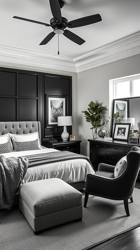 Cozy black and white bedroom with a tufted bed, armchair, and stylish decor.