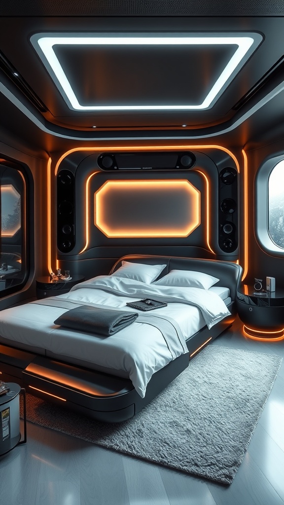 A modern bedroom featuring a black bed frame with LED lighting and a sleek design.