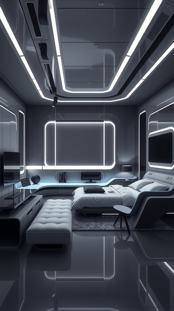 A modern gray and black bedroom featuring sleek furniture and ambient lighting.