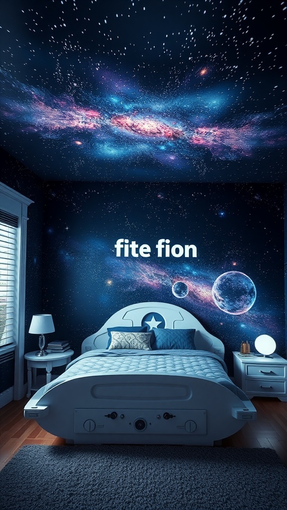 A futuristic bedroom designed with a space exploration theme, featuring a galaxy mural, spaceship-shaped bed, and starry ceiling.