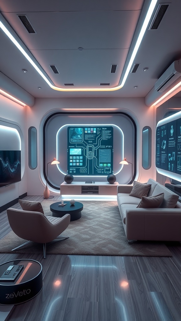 A futuristic living room featuring sleek furniture, interactive screens, and soft glowing lights.