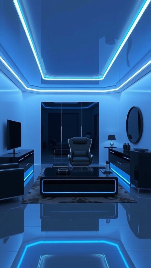 A modern bedroom with blue and black color scheme featuring glowing blue lights and sleek black furniture.