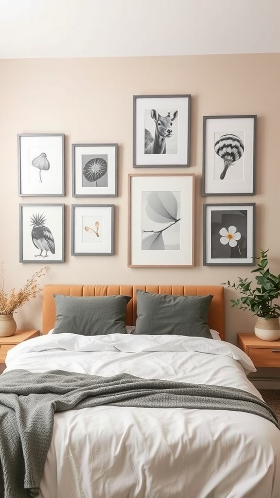 A cozy bedroom with a gallery wall featuring gray frames and a beige background.