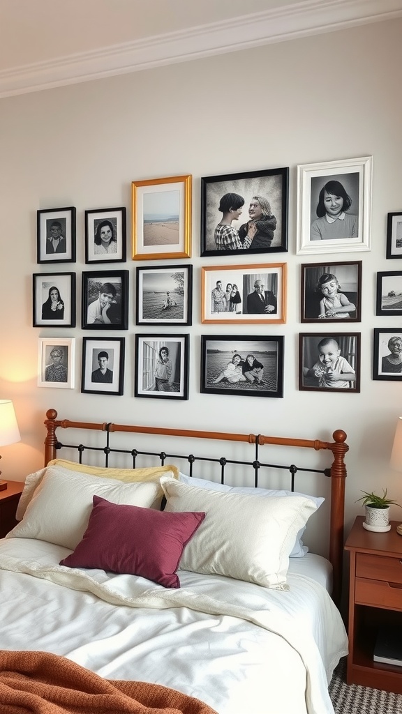 A gallery wall featuring various personal photos in different frames above a bed.