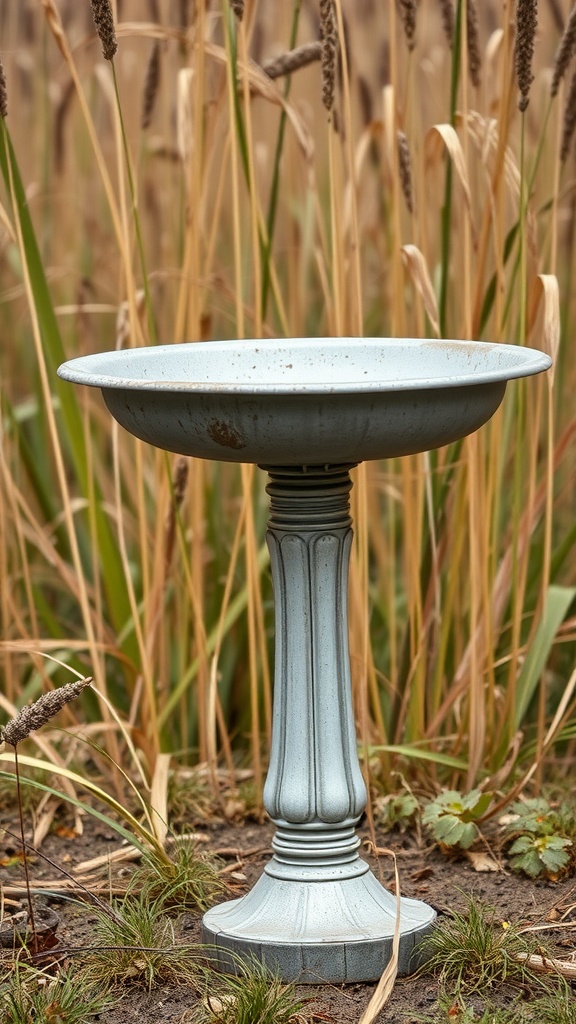A galvanized metal bird bath in a natural outdoor setting