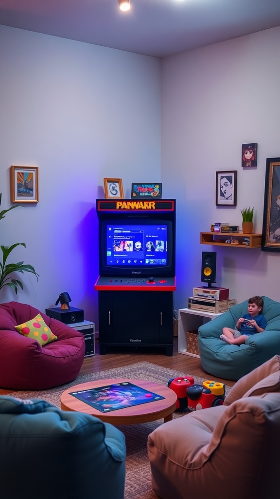 A cozy game corner featuring colorful bean bags, a retro arcade machine, and a low coffee table with a board game.
