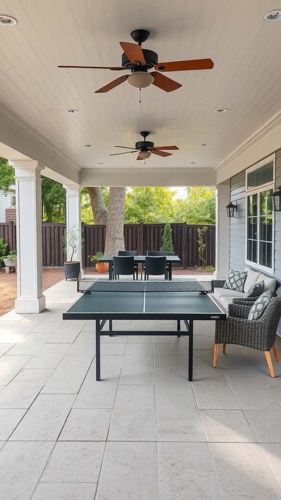 Covered back patio with a ping pong table and seating area.