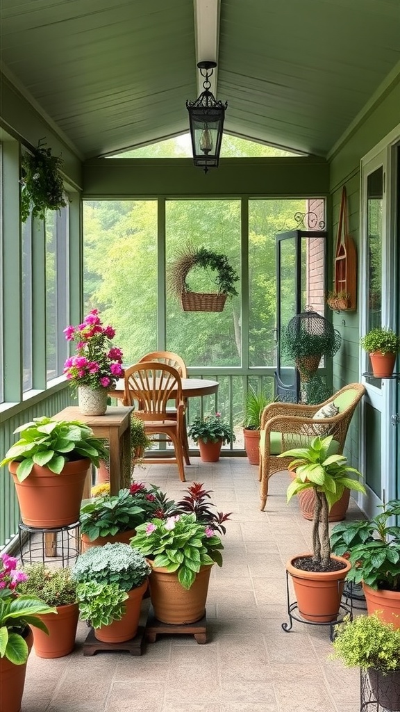 Screened-in back porch decorated with various potted plants and a cozy seating area