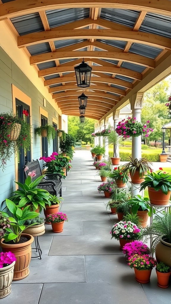 A covered patio with colorful flower pots and hanging plants, featuring a cozy bench and lanterns.