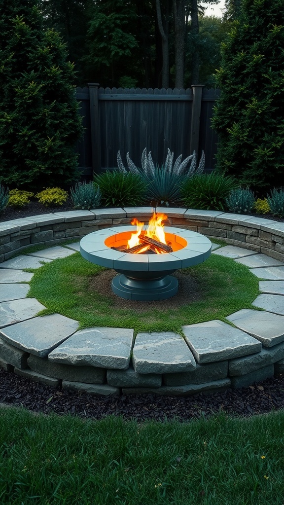 Cozy garden fire pit surrounded by natural stone and greenery.