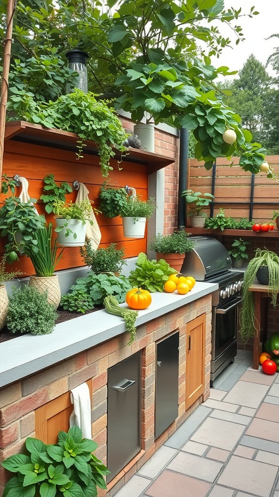 An outdoor kitchen featuring a variety of herbs and vegetables, with a stone countertop, grill, and vibrant foliage.