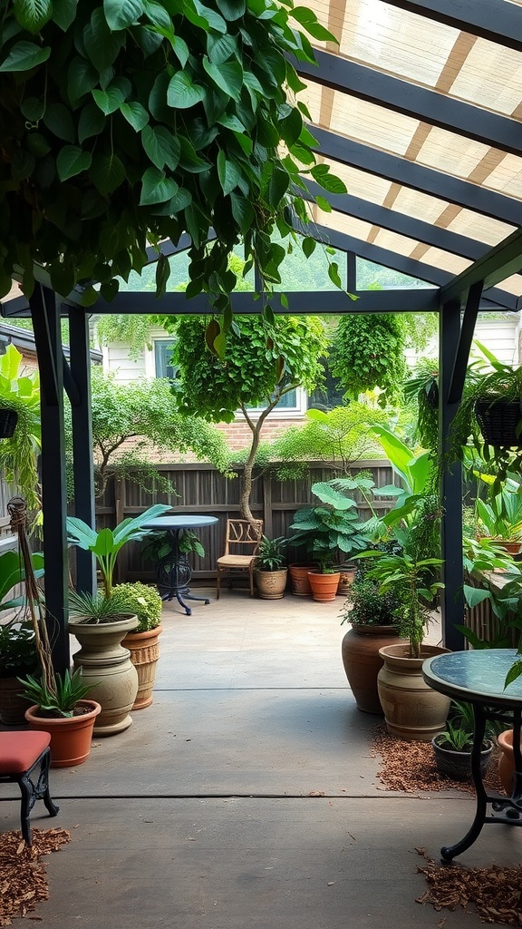 A covered patio with lush greenery and potted plants, creating a serene garden atmosphere.