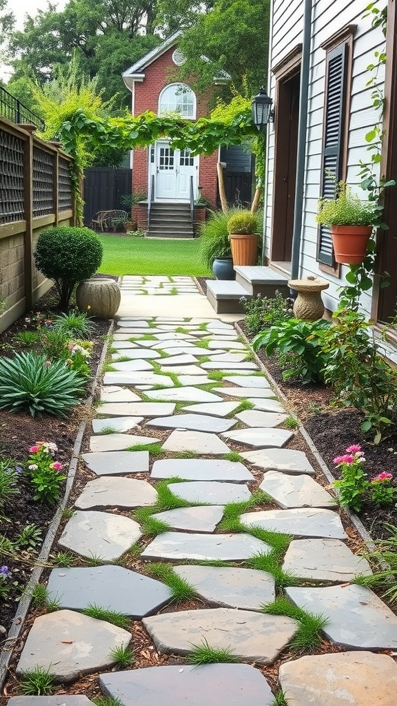 A cozy garden pathway made of stones, surrounded by greenery and flowers.