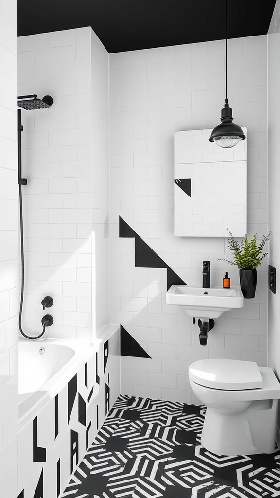 Modern bathroom with geometric black and white patterns on the floor and wall