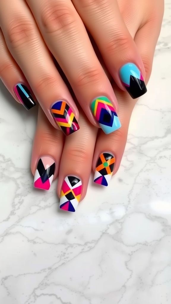 Colorful geometric patterned acrylic nails