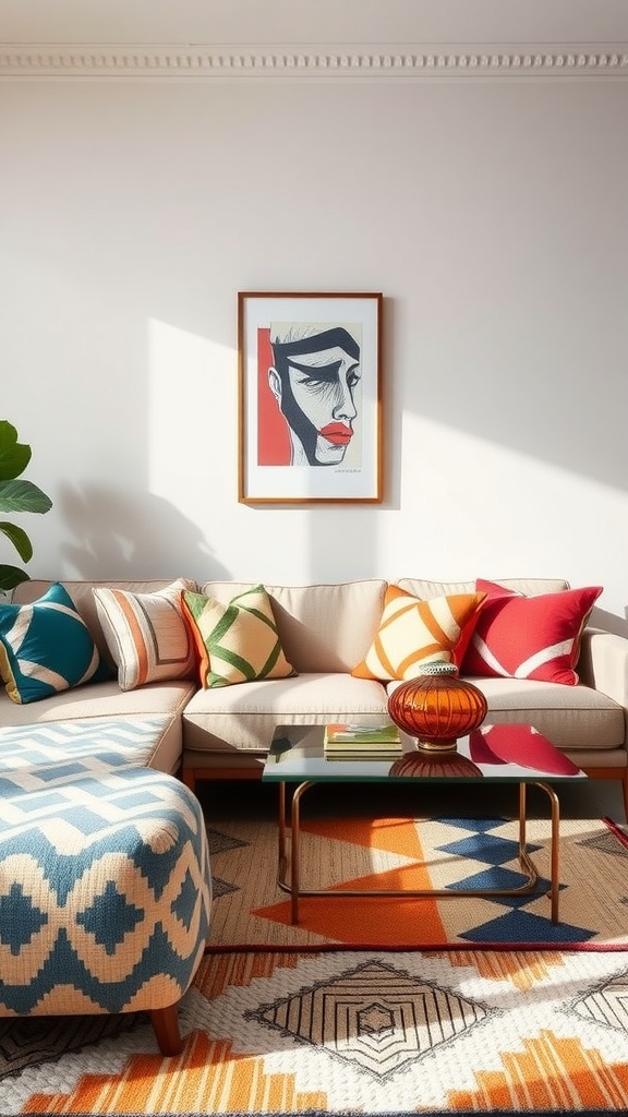 A vibrant 90s living room with a sectional sofa, colorful pillows, patterned ottoman, and geometric rug.
