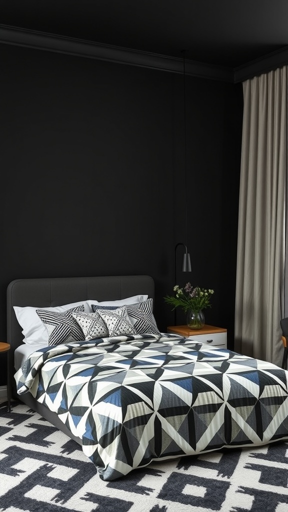 A stylish black bedroom featuring geometric patterned bedding and a bold rug.