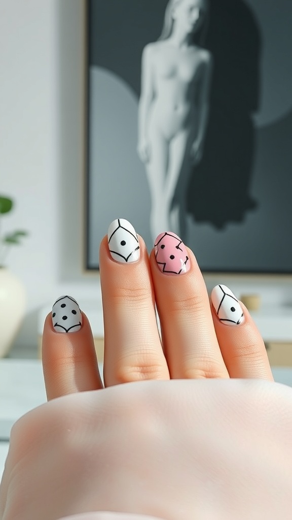 Close-up of almond-shaped nails featuring geometric patterns in black and pink.
