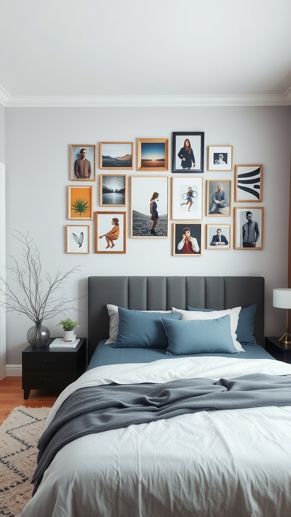 A geometric arrangement of framed pictures on a bedroom wall.