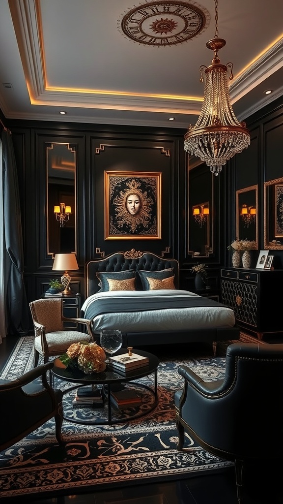 A glamorous bedroom featuring black walls, gold accents, and elegant furnishings.