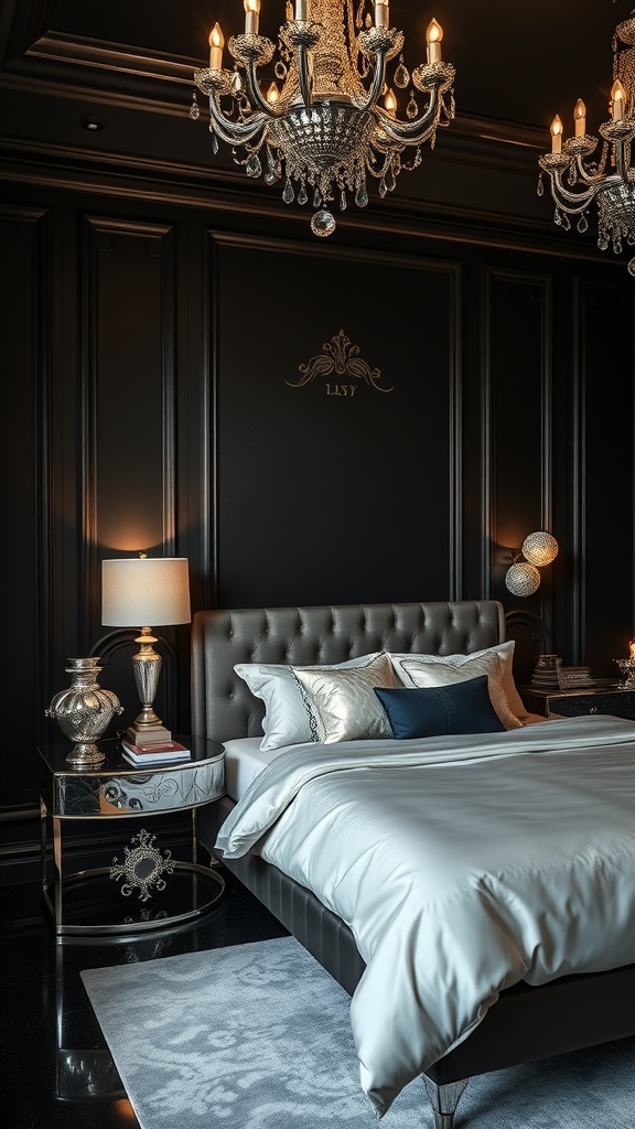 Glamorous black and silver bedroom with a stylish bed and elegant decor.