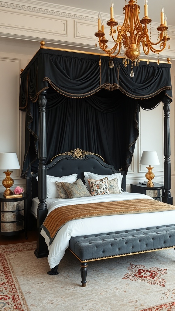 A glamorous black canopy bed with gold accents, featuring a chandelier and elegant decor.