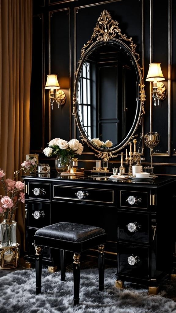 Glamorous black vanity with crystal knobs, ornate mirror, and soft lighting
