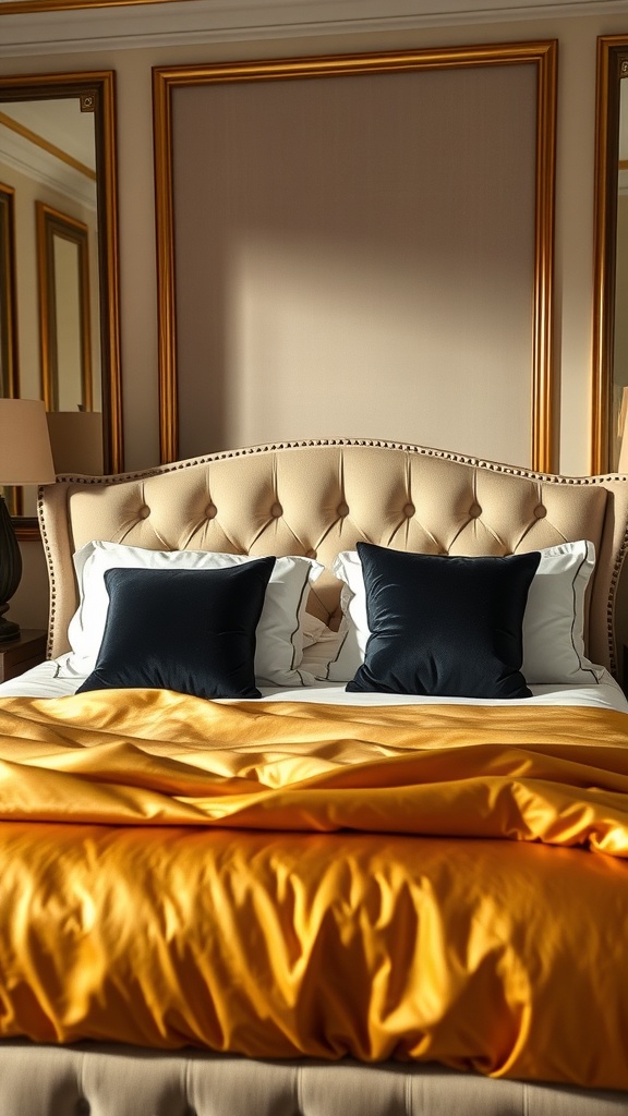 A luxurious bed with gold bedding and black pillows, featuring a tufted headboard and decorative mirrors in the background.