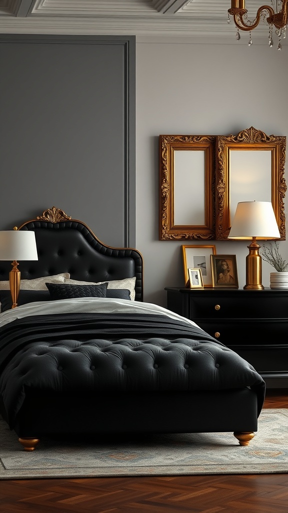 A stylish black bedroom featuring a tufted black bed, gold accents in the decor, and elegant mirrors.
